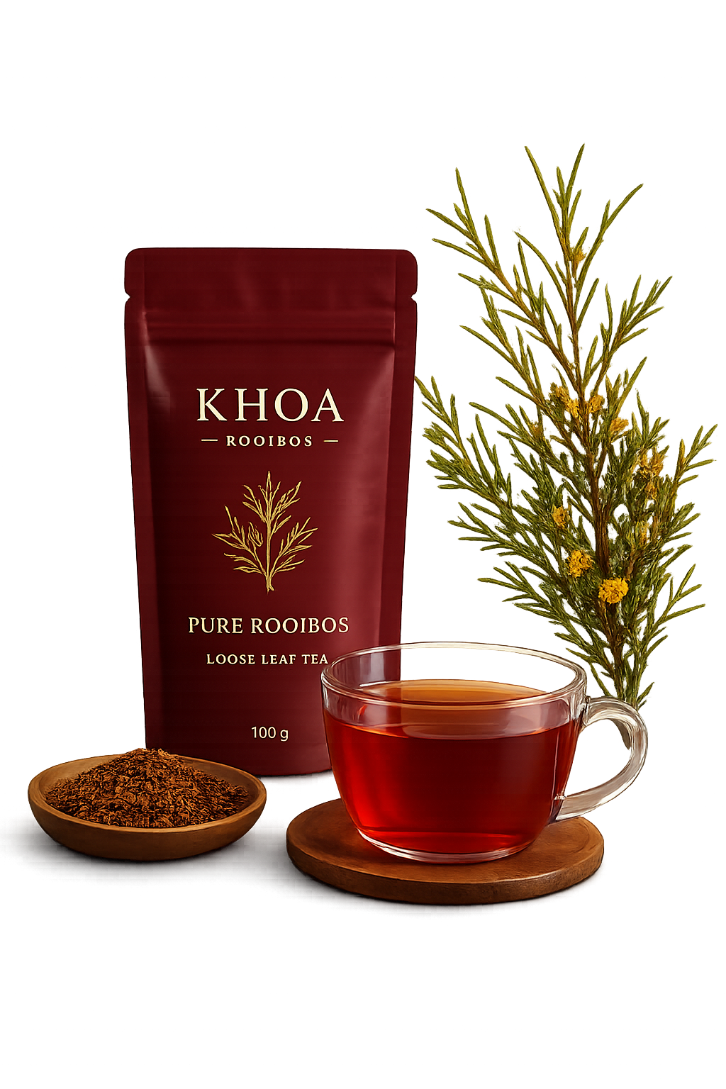 Khoa Pure Rooibos loose leaf tea packaging with tea cup